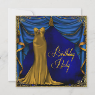 Womans Royal Blue Gold Art Deco Birthday Party Invitation