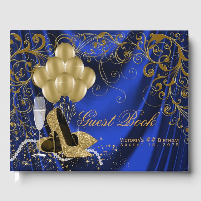Womans Royal Blue Gold Birthday Guest Book (Front)