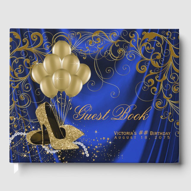 Womans Royal Blue Gold Birthday Guest Book (Front)