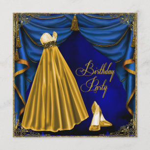 Womans Royal Blue Gold Birthday Party Invitation