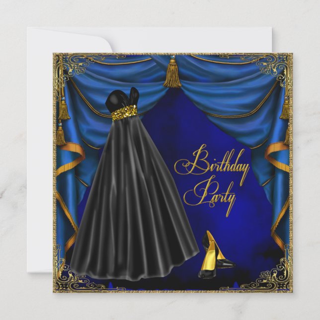 Womans Royal Blue Gold Birthday Party Invitation (Front)
