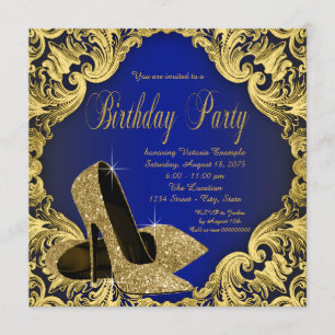 Womans Royal Blue Gold Birthday Party Invitation