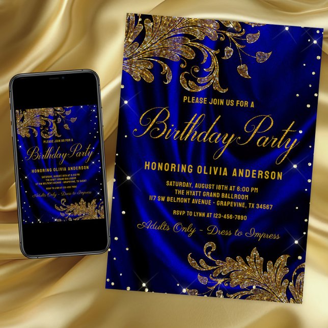 Womans Royal Blue Gold Birthday Party Invitation (Womans royal blue & gold any number birthday invitation. For instant download & printed invitations.)