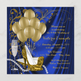 Womans Royal Blue Gold Glam Pearl Birthday Party Invitation