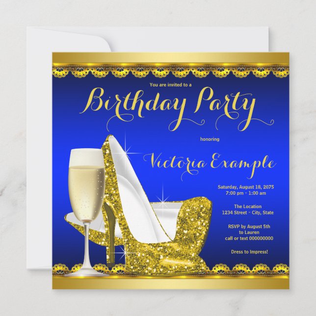 Womans Royal Blue Gold High Heel Birthday Party Invitation (Front)