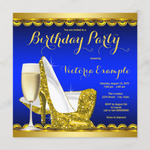 Womans Royal Blue Gold High Heel Birthday Party Invitation