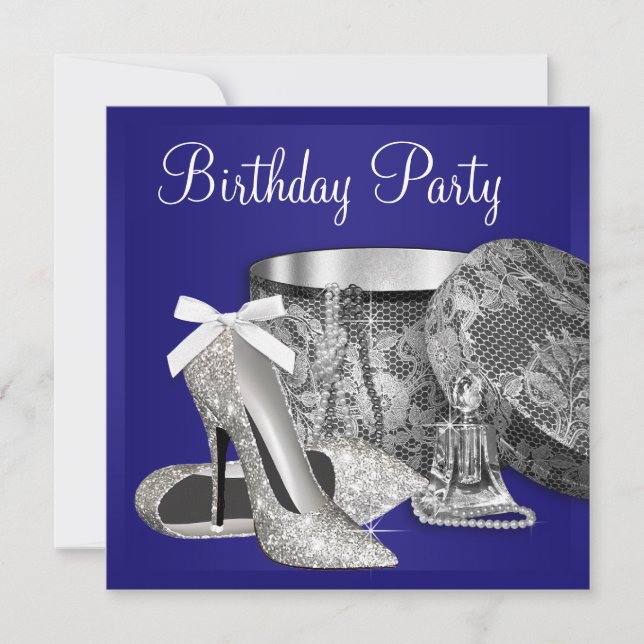 Womans Royal Blue Silver Birthday Party Invitation (Front)