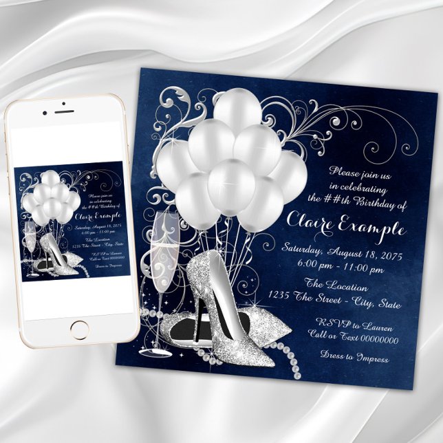 Womans Royal Blue Silver Elegant  Birthday Party Invitation (Womans Royal Blue Silver Elegant Birthday Party Invitation with silver high heel shoes and pearls.)