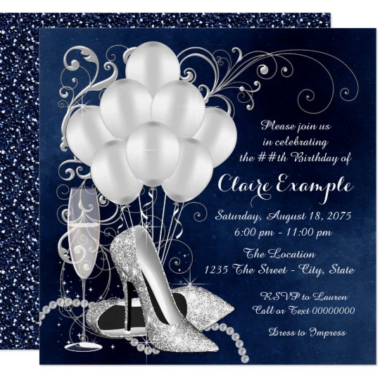 womans royal blue silver elegant birthday party invitation zazzle
