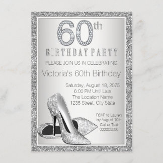 Womans Silver Glitter 60th Birthday Invitation
