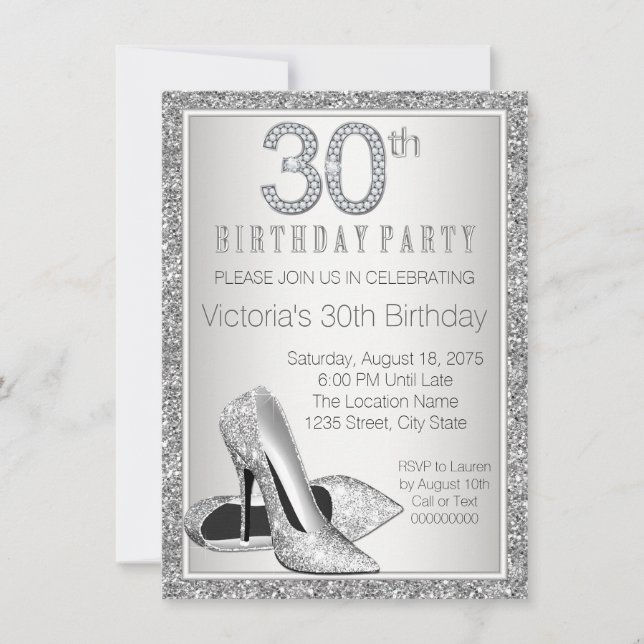 Womans Silver Glitter High Heel Shoe 30th Birthday Invitation (Front)