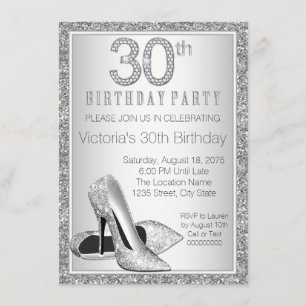 Womans Silver Glitter High Heel Shoe 30th Birthday Invitation