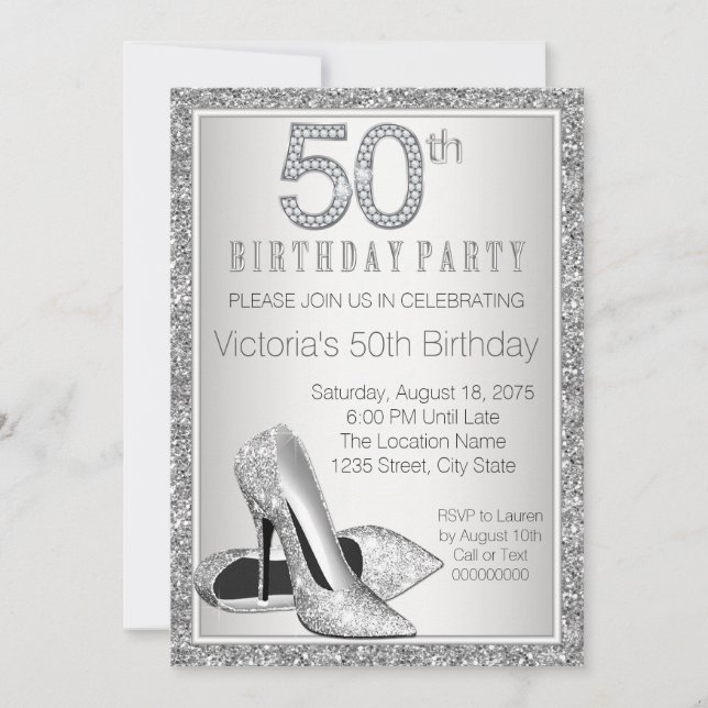 Womans Silver Glitter High Heel Shoe 50th Birthday Invitation (Front)