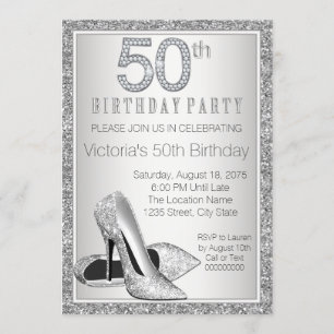 Womans Silver Glitter High Heel Shoe 50th Birthday Invitation