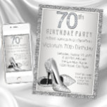 Womans Silver Glitter High Heel Shoe 70th Birthday Invitation<br><div class="desc">Woman's 70th birthday party invitation with elegant silver diamond numbers and glitter high heel shoes on a beautiful silver glitter background. Customise this gorgeous silver 70th birthday party invitation by simply adding your details in the font style and colour of your choice.</div>