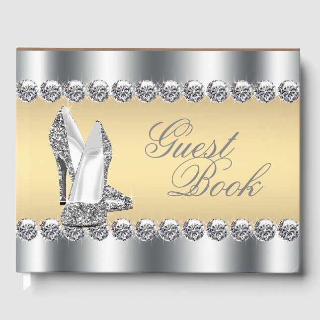 Womans Silver Gold High Heel Shoe Guest Book (Front)