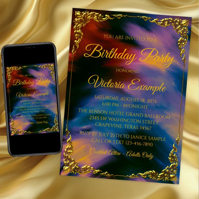 Womans Sunset Jewel Paint Strokes Birthday Party Invitation (Jewel tone and gold any event invitation. Instant download and printed invitations available.)
