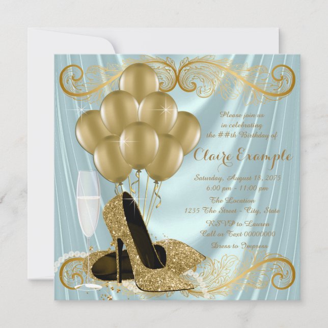 Womans Teal Blue and Gold Birthday Party Glamour Invitation (Front)
