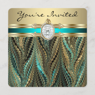 Womans Teal Blue and Gold Birthday Party Invitation