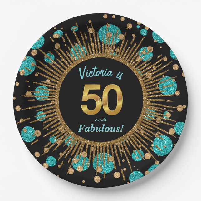 Womans Teal Blue Gold 50th Birthday Party Paper Plate (Front)