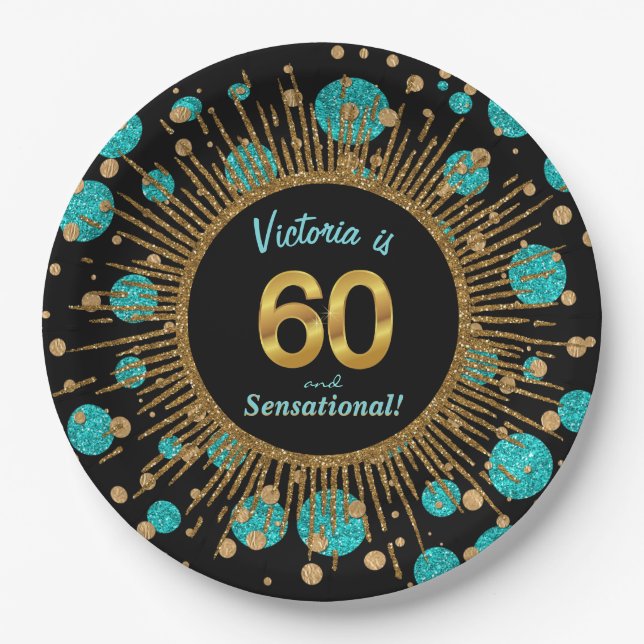 Womans Teal Blue Gold 60th Birthday Party Paper Plate (Front)