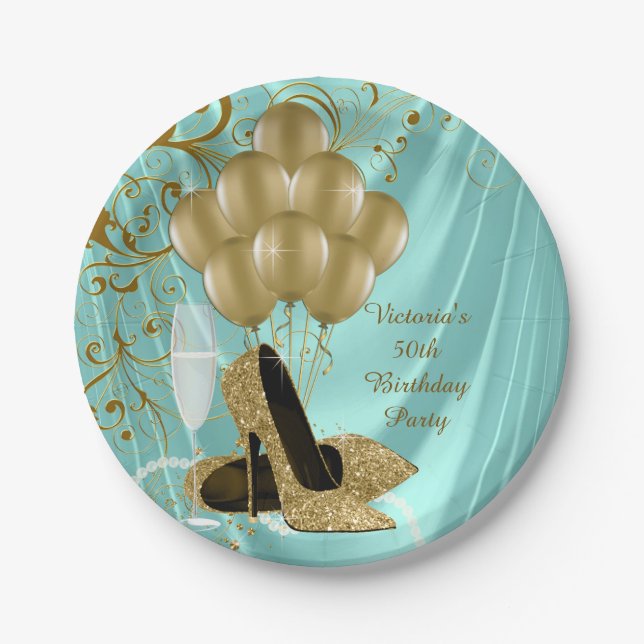 Womans Teal Gold Birthday Party Paper Plates (Front)