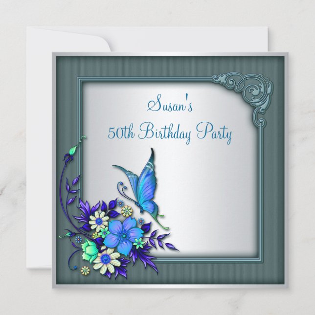 Womans Teal Purple Butterfly 50th Birthday Party Invitation (Front)