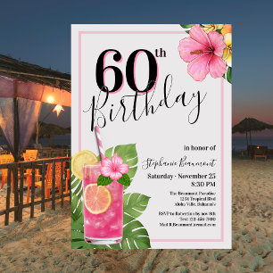 Woman's Tropical Cocktail Flower 60th Birthday Invitation