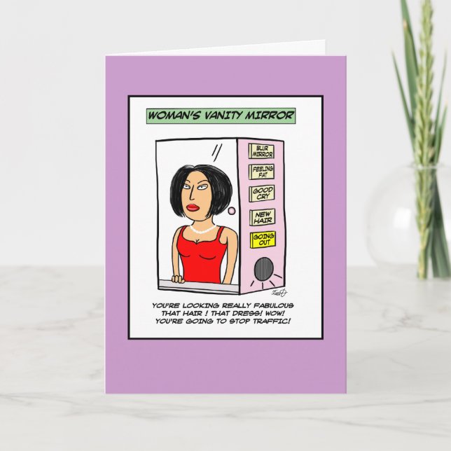 Woman's Vanity Mirror Cartoon Card (Front)