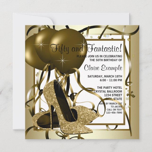 Womans White Gold High Heel Shoe Birthday Party Invitation (Front)