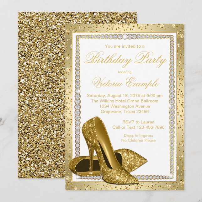 Womans White Gold High Heel Shoe Birthday Party Invitation (Front/Back)