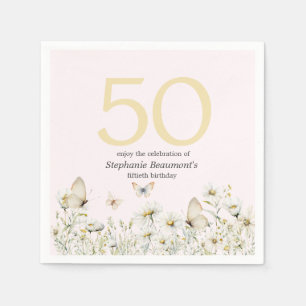 Woman's White Wildflower Simple 50th Birthday Napkin