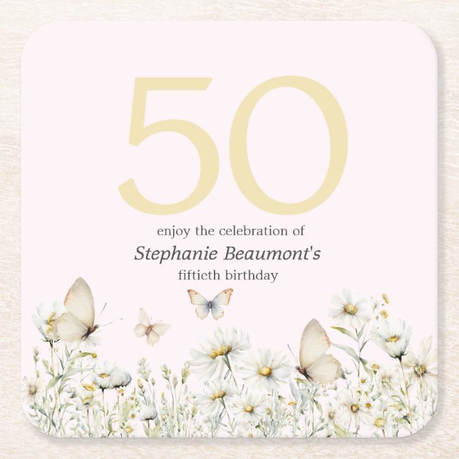 Woman's White Wildflower Simple 50th Birthday Square Paper Coaster (Front)