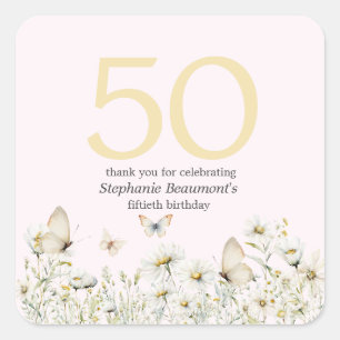 Woman's White Wildflower Simple 50th Birthday Square Sticker