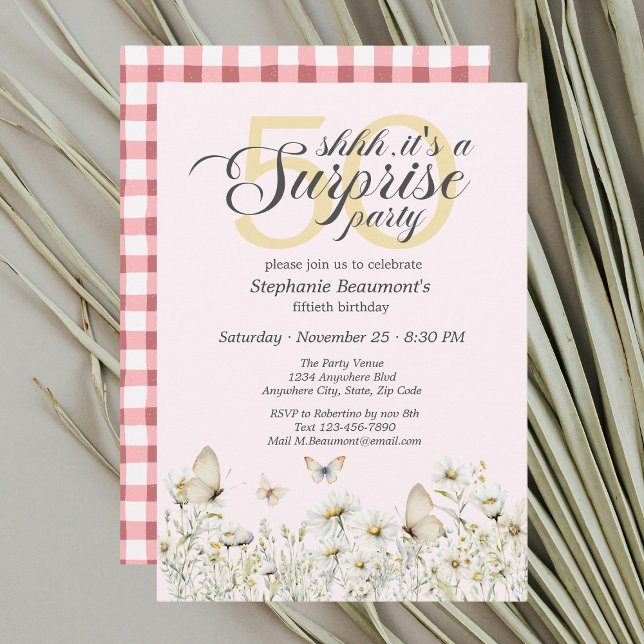 Woman's White Wildflower Surprise 50th Birthday Invitation (Creator Uploaded)