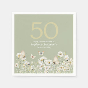 Woman's White Wildflower Surprise 50th Birthday Napkin