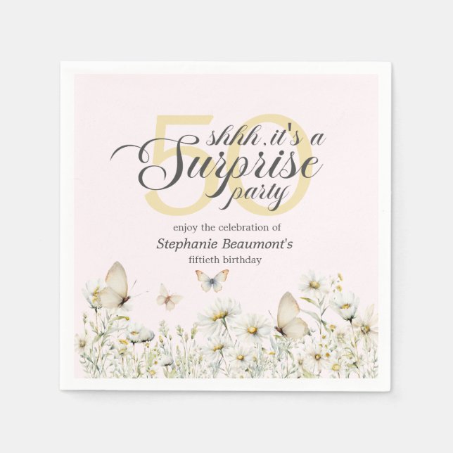 Woman's White Wildflower Surprise 50th Birthday Napkin (Front)