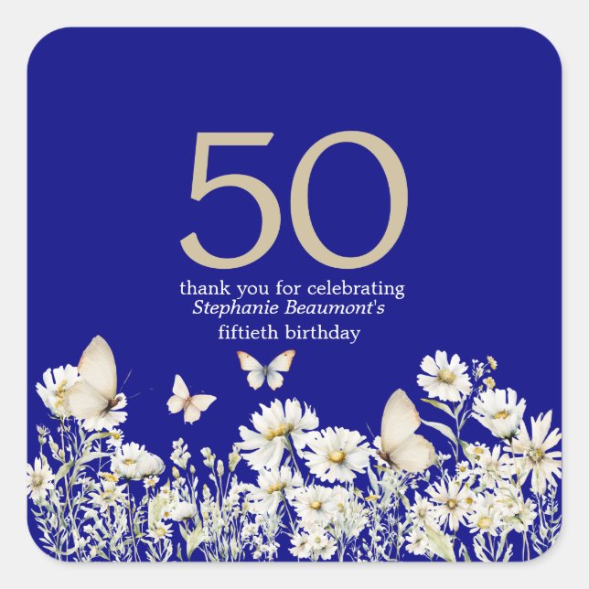 Woman's White Wildflower Surprise 50th Birthday Square Sticker (Front)