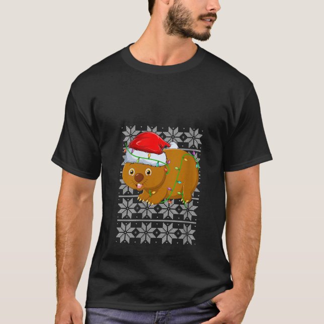 Wombat Christmas Lights Santa Hat Wombat Ugly Xmas T-Shirt (Front)