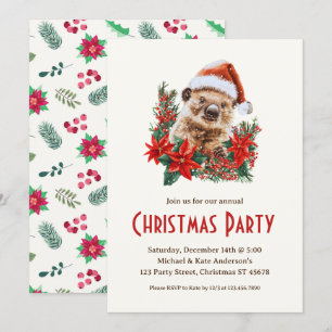 Wombat in a Santa Hat Poinsettias Christmas Party Invitation