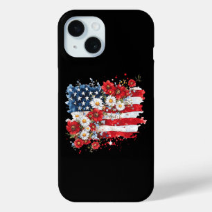 Women 4th of July Floral American Flag Wildflowers iPhone 15 Case
