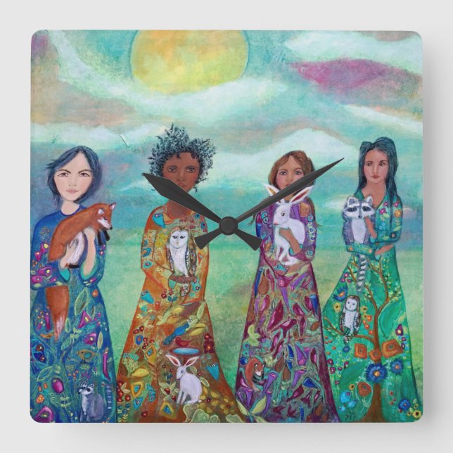 Women and Animals Whimsical Art Acrylic Wall Clock (Front)