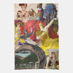 Women and Wine Collage Tea Towel