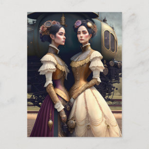 Women at the Victorian Steampunk Train Station Postcard