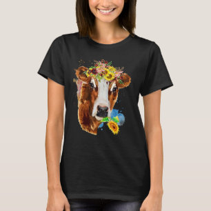 Women Boho Watercolor Floral Cow Graphics Girls Co T-Shirt