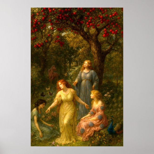 Women, Butterflies & Peacock In Garden Poster (Front)