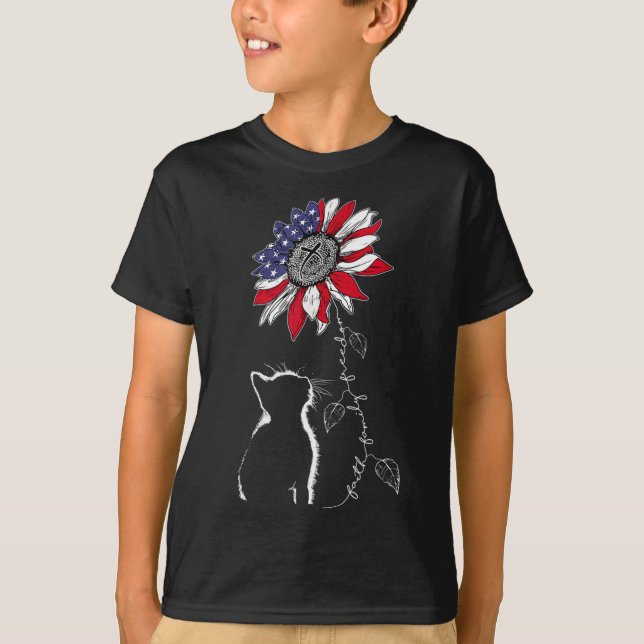 Women Cat Sunflower 4th Of July Faith Freedom Patr T-Shirt (Front)
