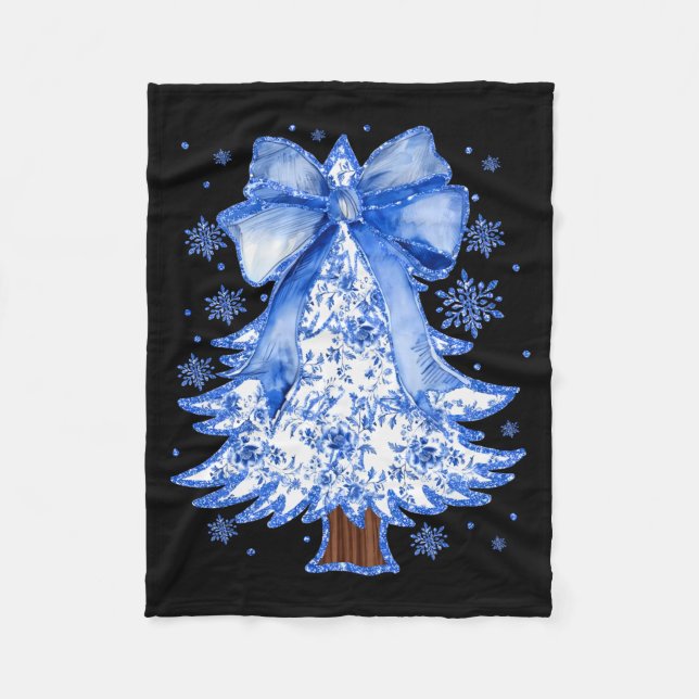 Women Christmas Tree Chinoiserie Blue Floral Coque Fleece Blanket (Front)