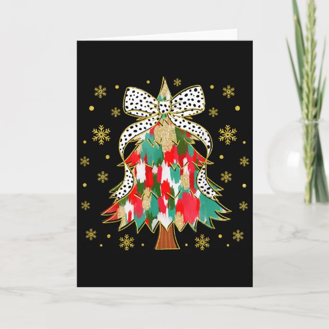 Women Colourful Christmas Tree Coquette Bow Xmas H Card (Front)