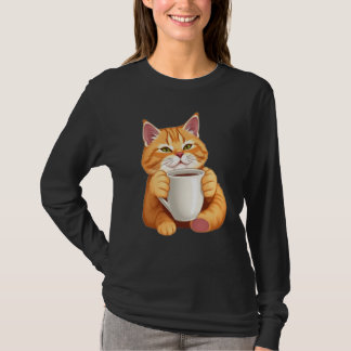 Women Cute Ginger Cat Coffee Graphic Long Sleeve T-Shirt